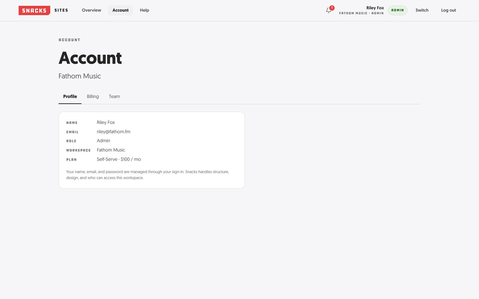 The account screen: profile, plan, and team