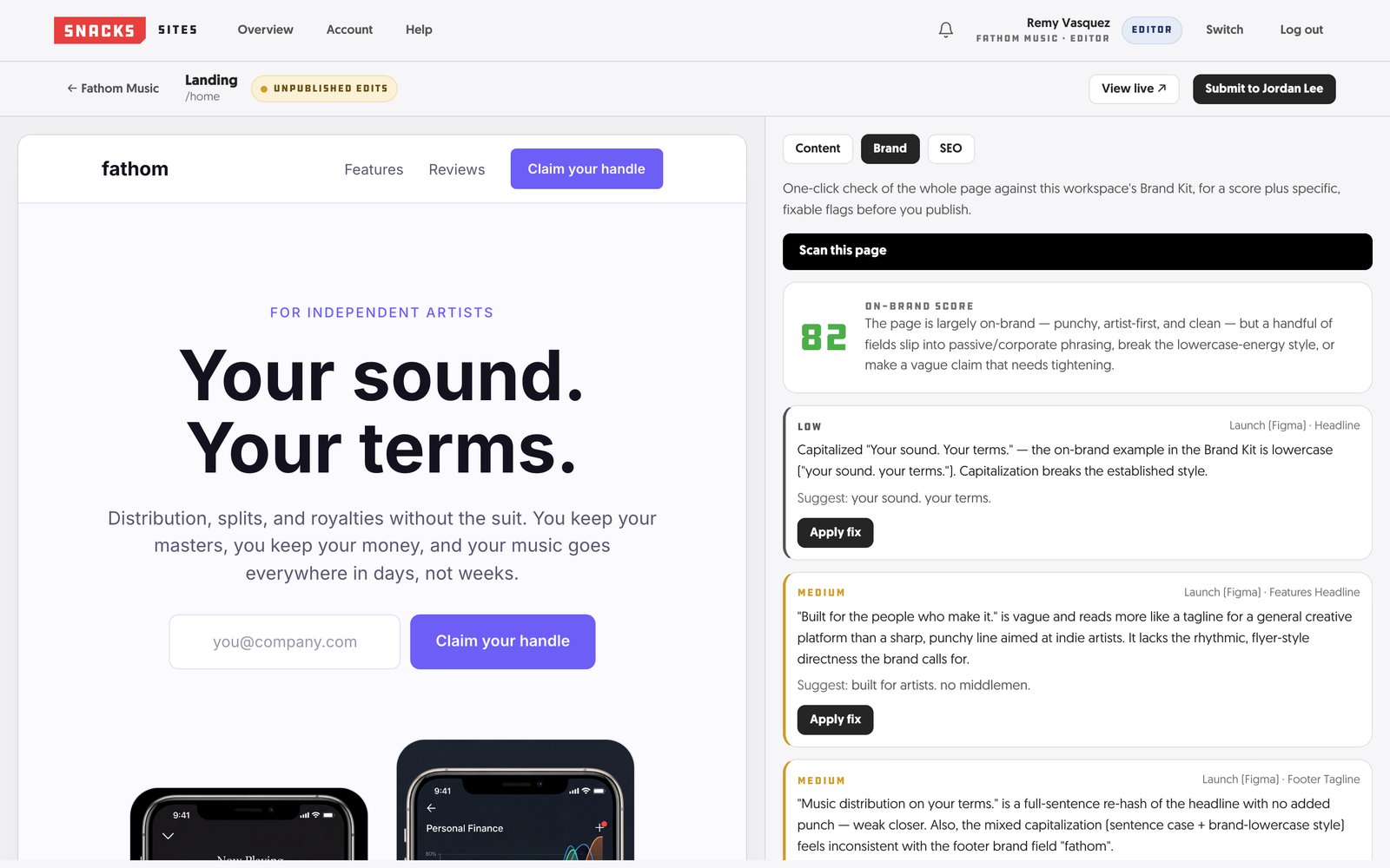The Brand tab after an audit: an on-brand score with specific flags and apply-fix buttons