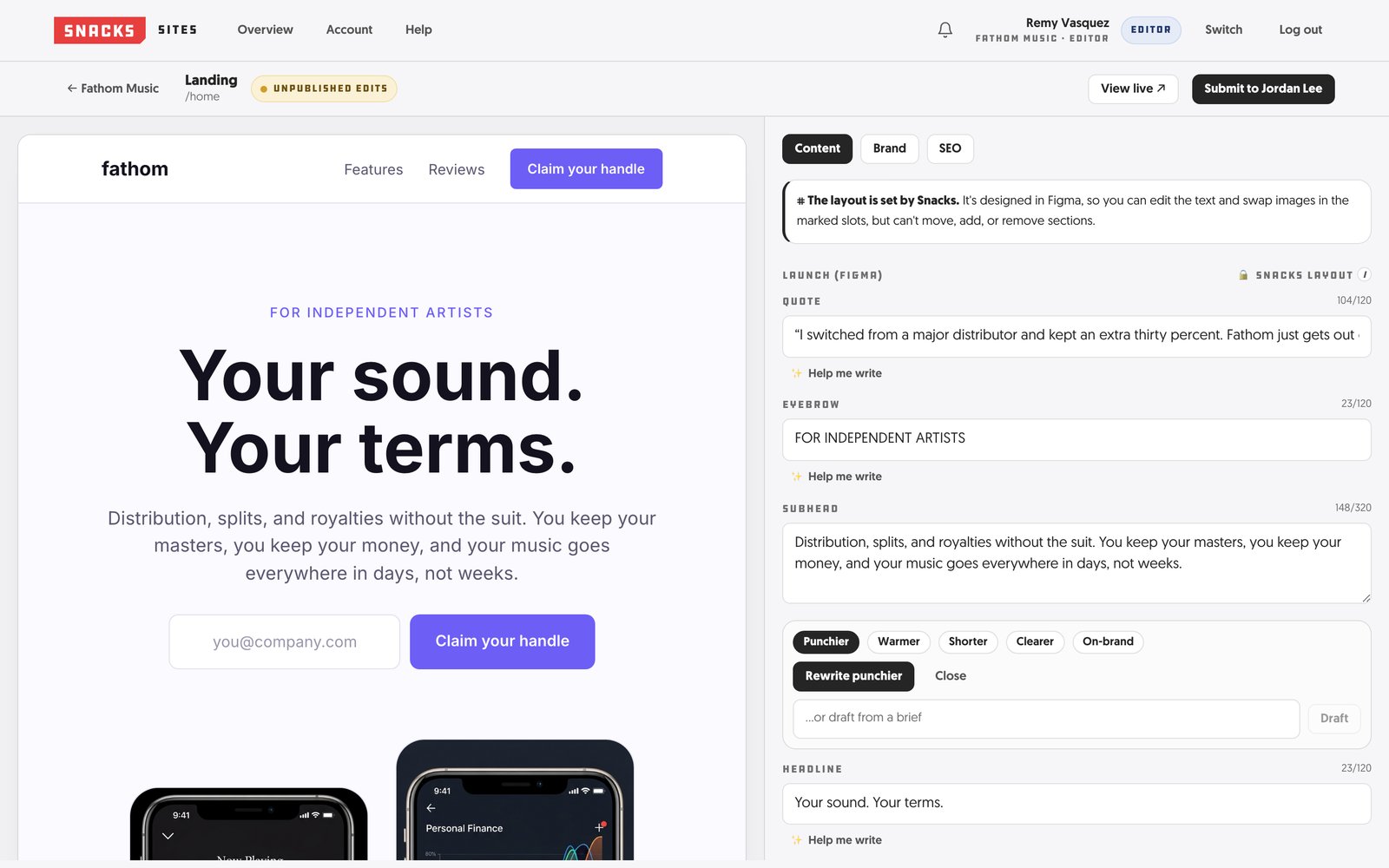 The Snacks Sites editor with the AI writing assistant open on a content slot