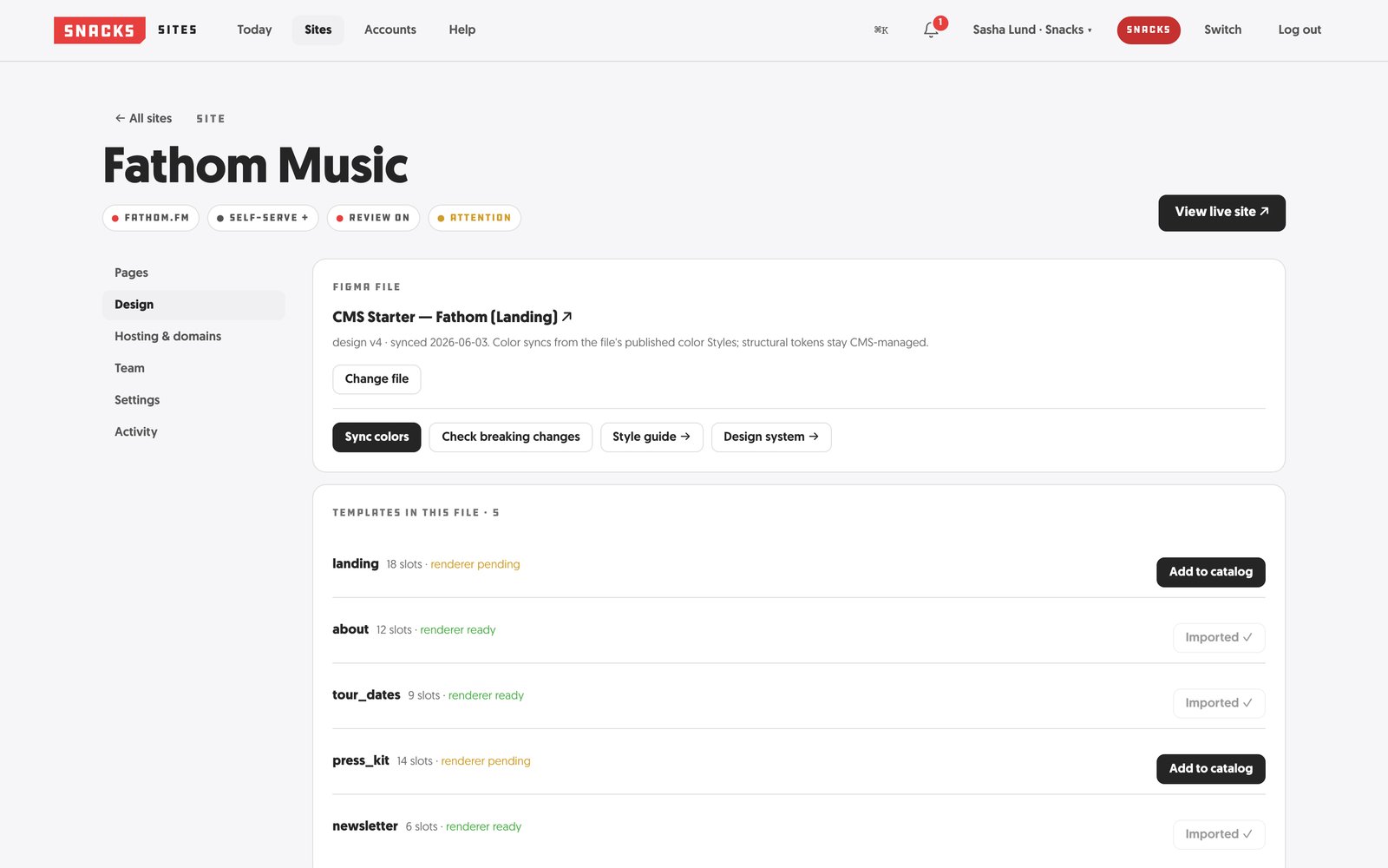 The site's design connection: its synced Figma file and the templates in it