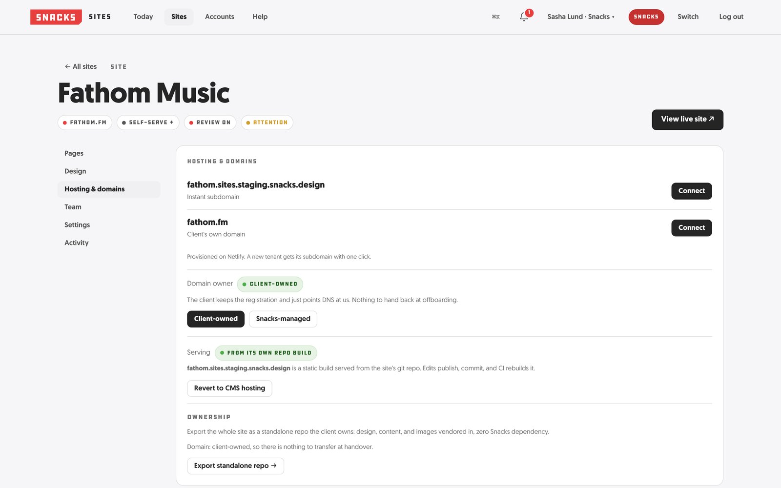 Hosting and domains: the site serves from its own git repo, publishes commit and CI rebuilds