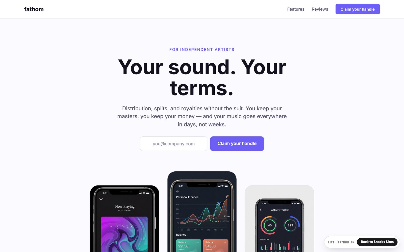 Fathom's published site, with the live pill and Back to Snacks Sites button at bottom right