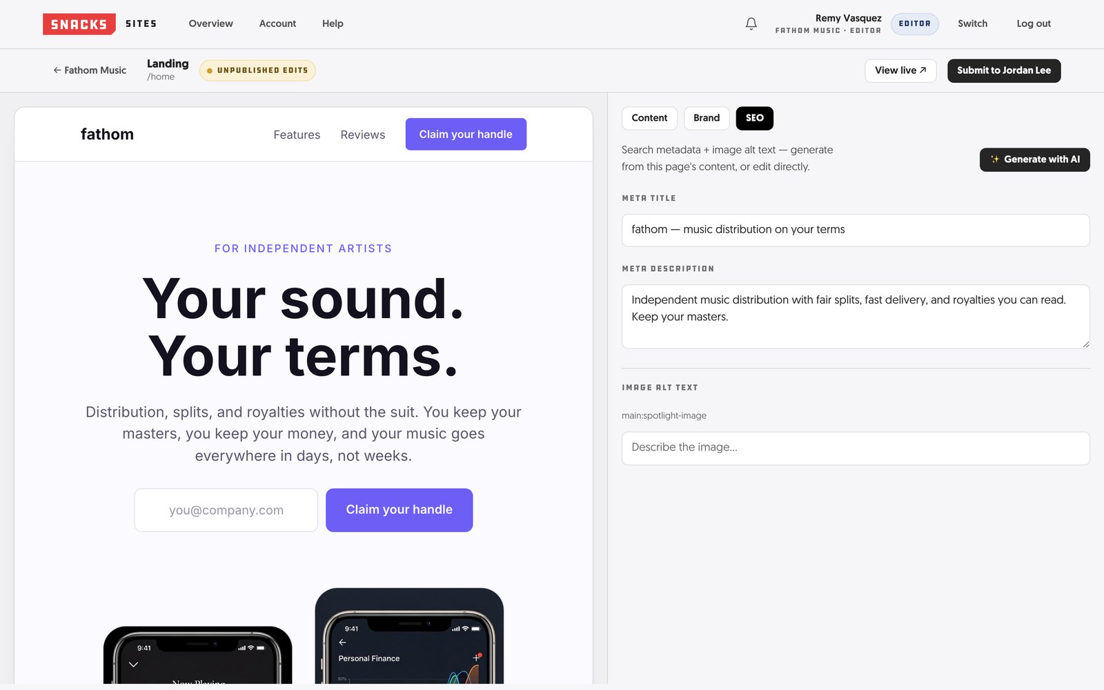 The SEO tab: meta title, description, and image alt text with AI generation