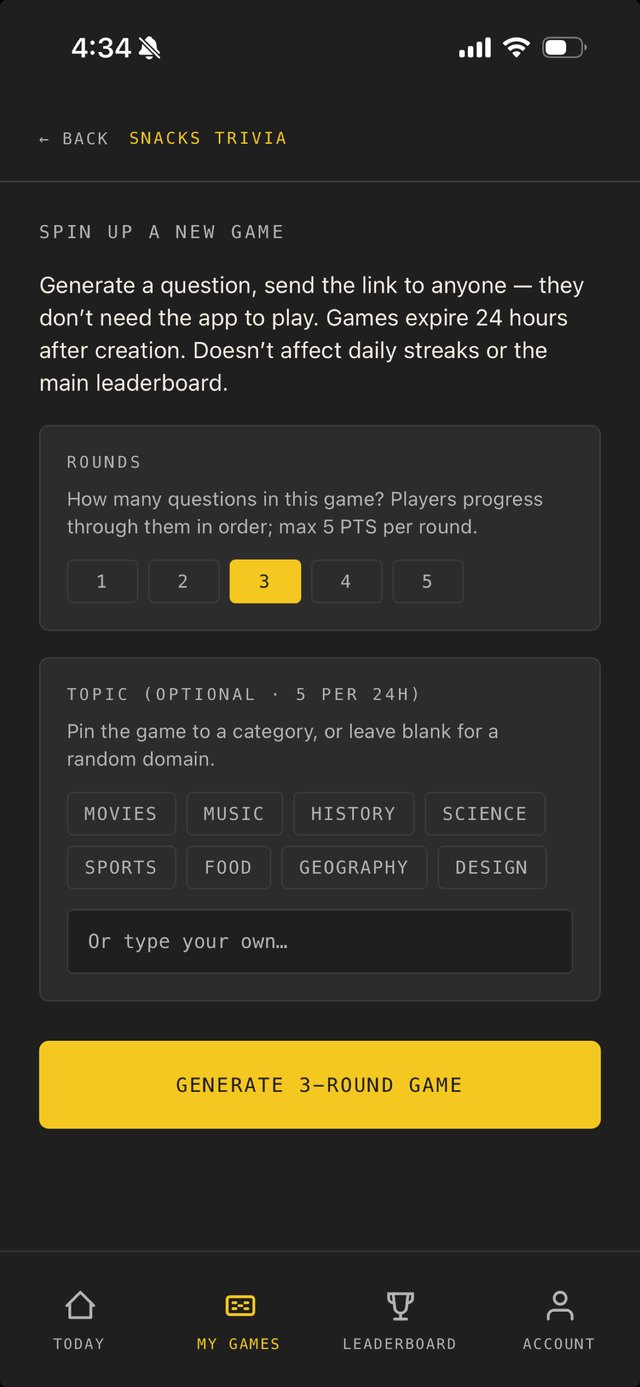 The create-a-game screen with a topic field