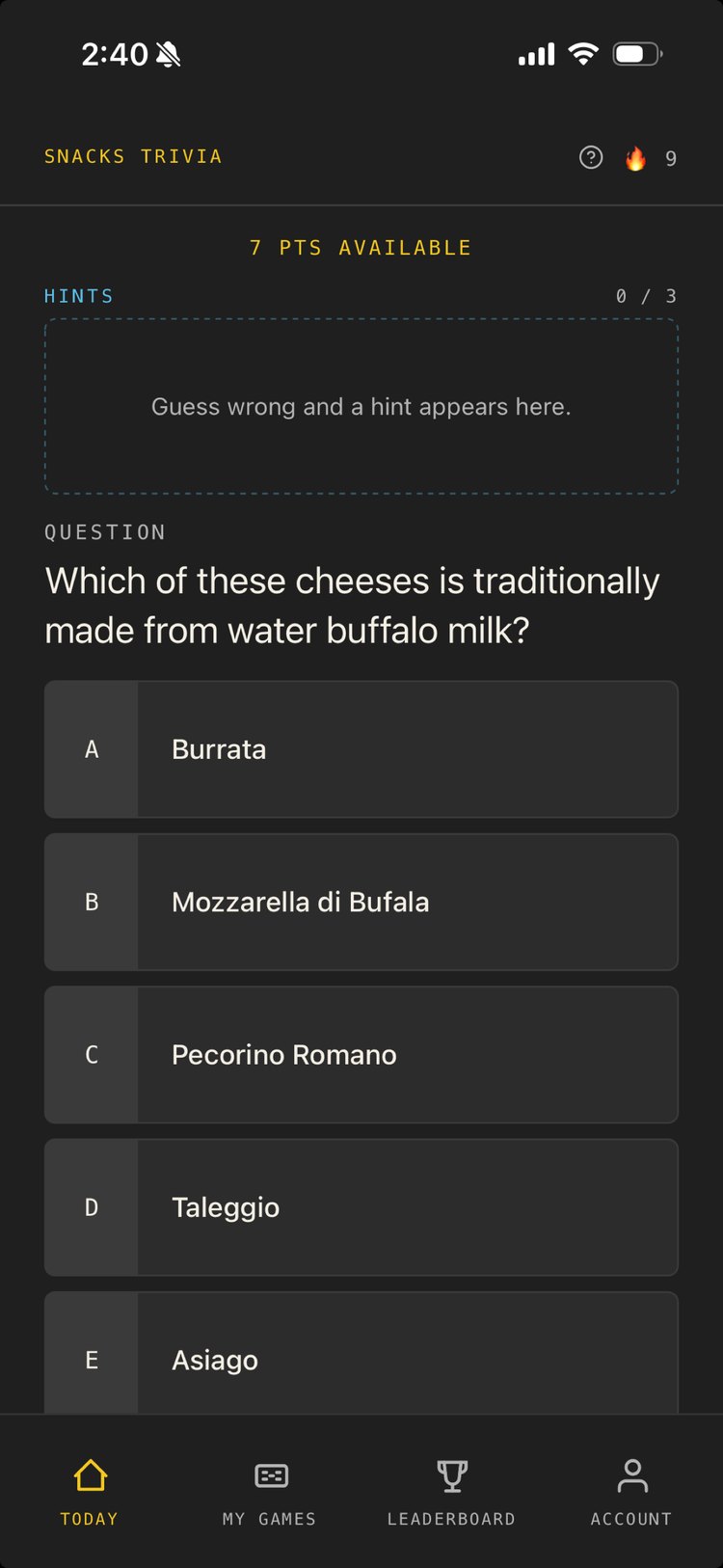 The Snacks Trivia daily question screen