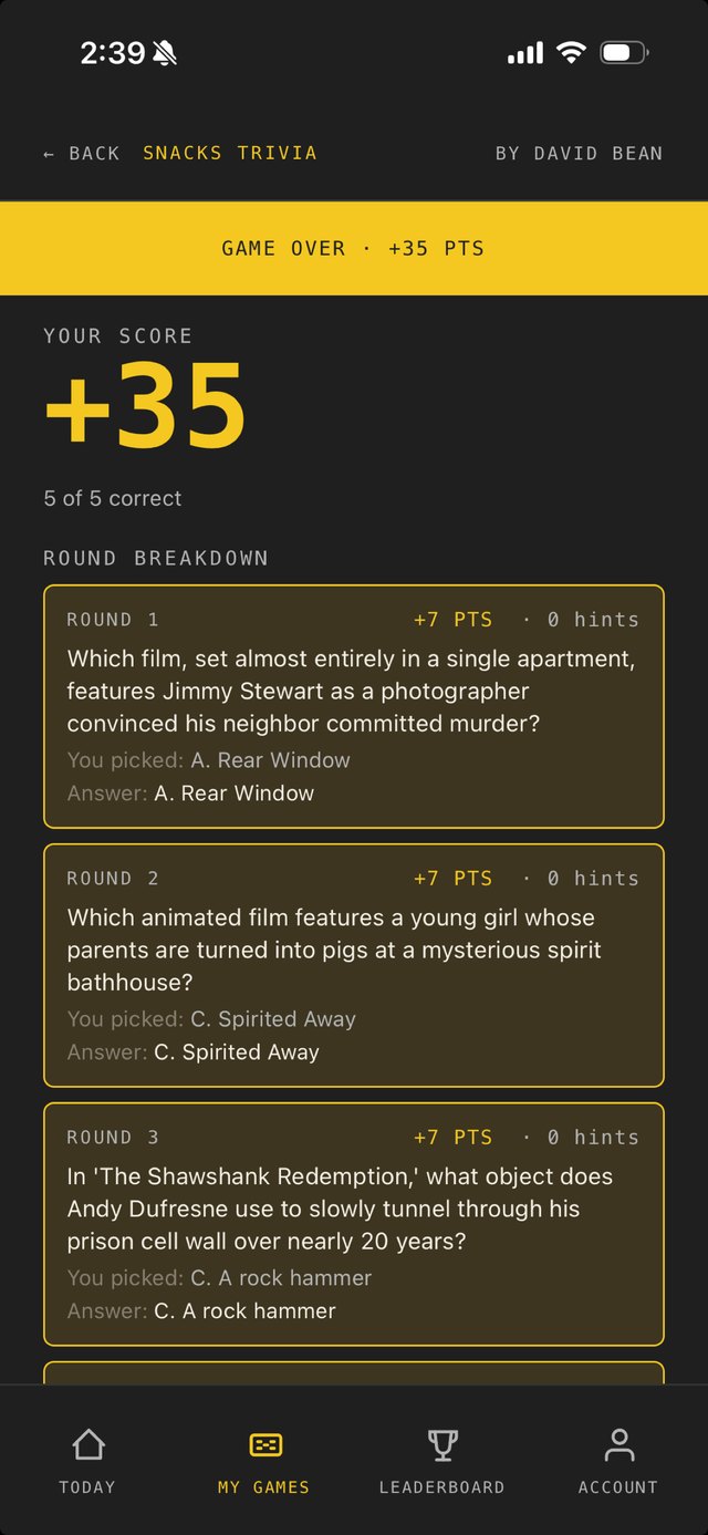Round-by-round results on a shared game
