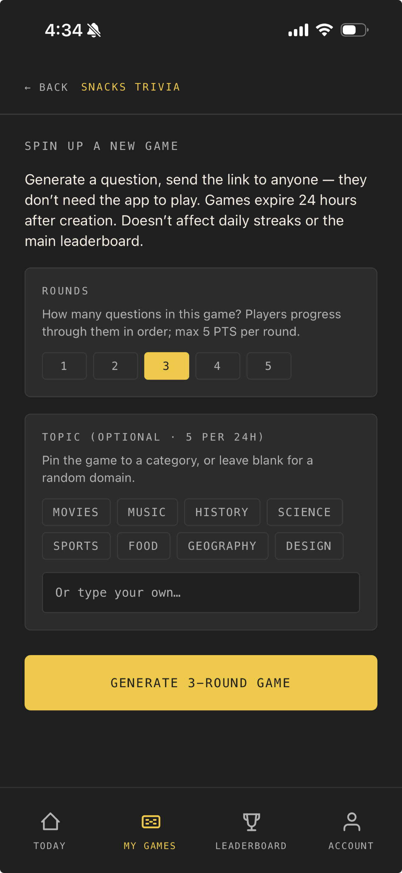 The create-a-game screen with a topic field