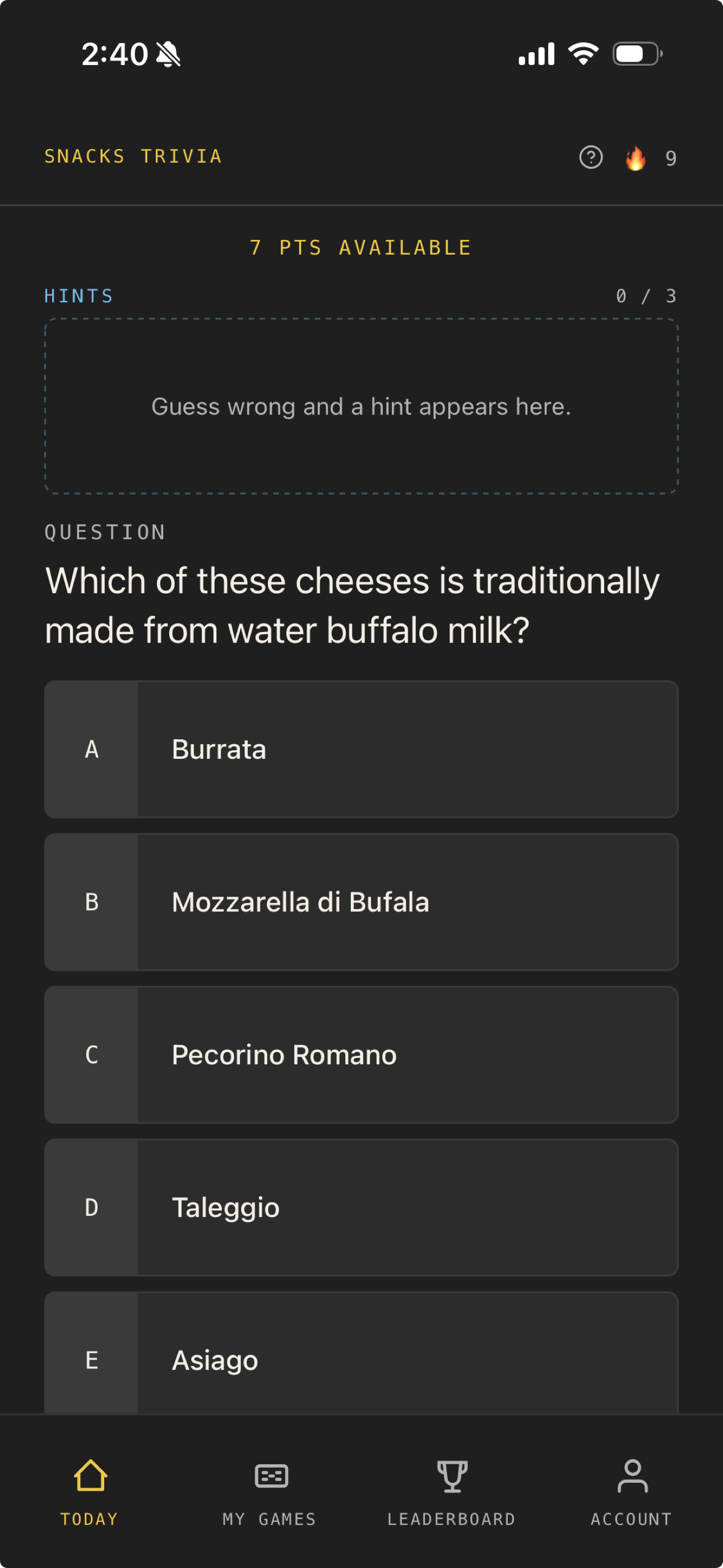 The daily question screen — eight options and progressive hints