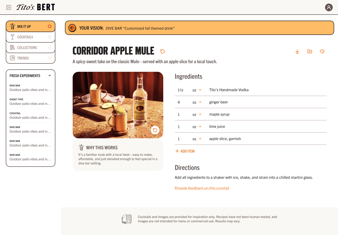 The BERT desktop app showing a generated recipe — ingredients, directions, imagery, and a 'why this works' note.